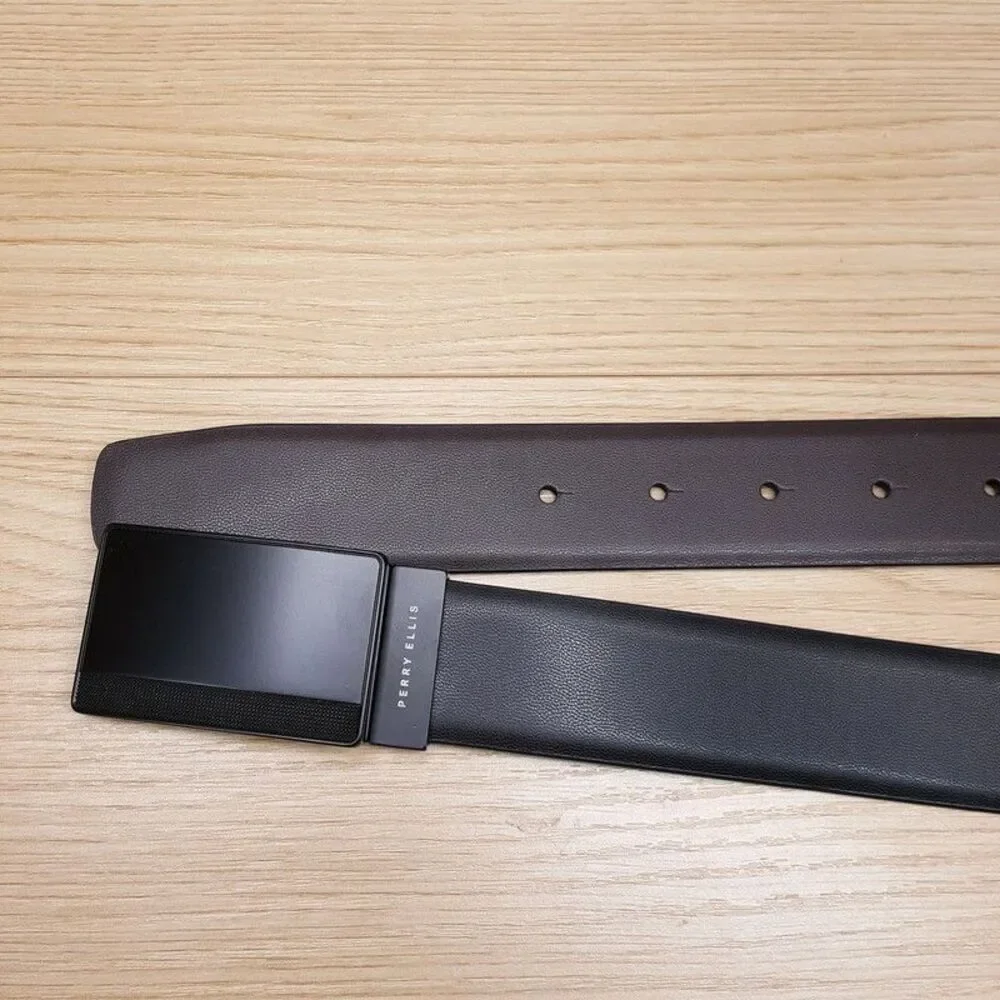 PERRY ELLIS Belt Mens Size 34 Black Dark Brown Reversible Plate Plaque Buckle